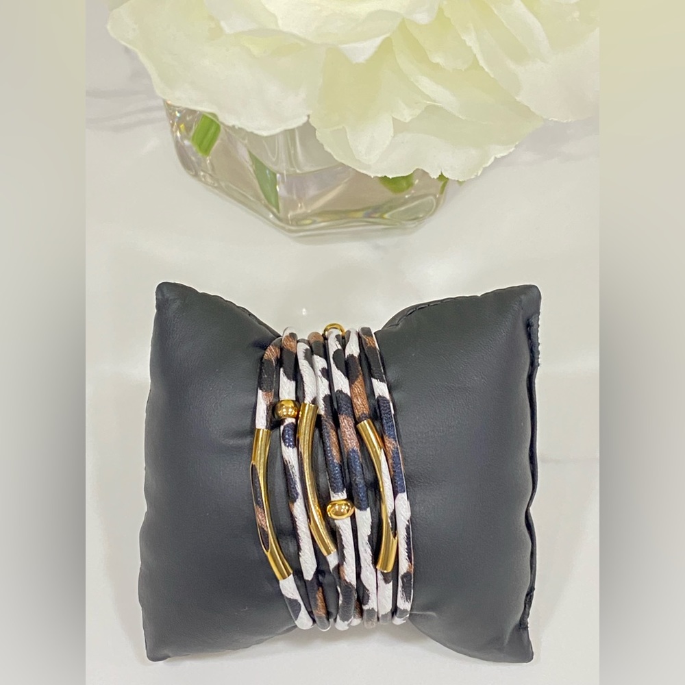 2/$25 NEW WHITE BLACK BROWN VEGAN LEATHER LEOPARD BRACELET BANGLE BEADS CHAIN
